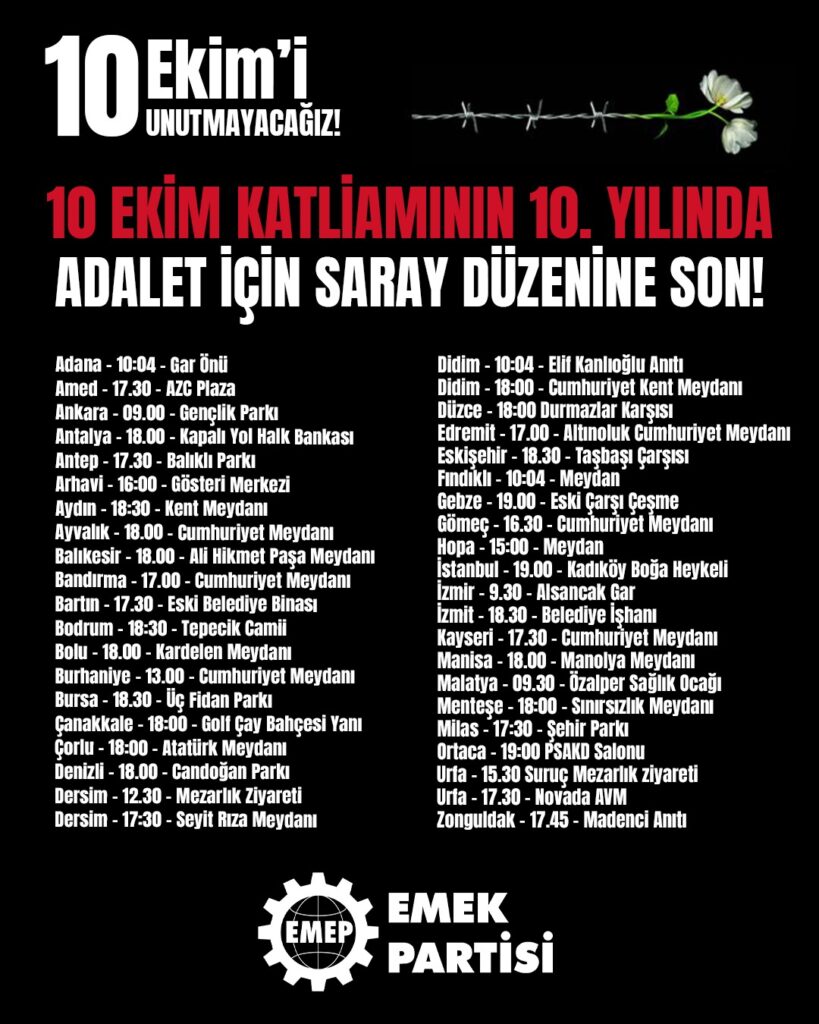 10 EKİM KATLİAMININ 10. YILINDA ADALET İÇİN SARAY DÜZENİNE SON!