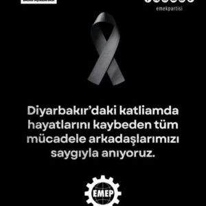 Diyarbakır’daki katliamda hayatlarını kaybeden tüm mücadele arkadaşlarımızı saygıyla anıyoruz. Diyarbakır’daki katliamda hayatlarını kaybeden tüm mücadele arkadaşlarımızı saygıyla anıyoruz.