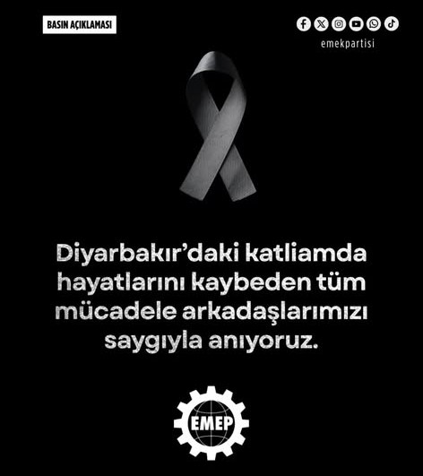 Diyarbakır’daki katliamda hayatlarını kaybeden tüm mücadele arkadaşlarımızı saygıyla anıyoruz. Diyarbakır’daki katliamda hayatlarını kaybeden tüm mücadele arkadaşlarımızı saygıyla anıyoruz.